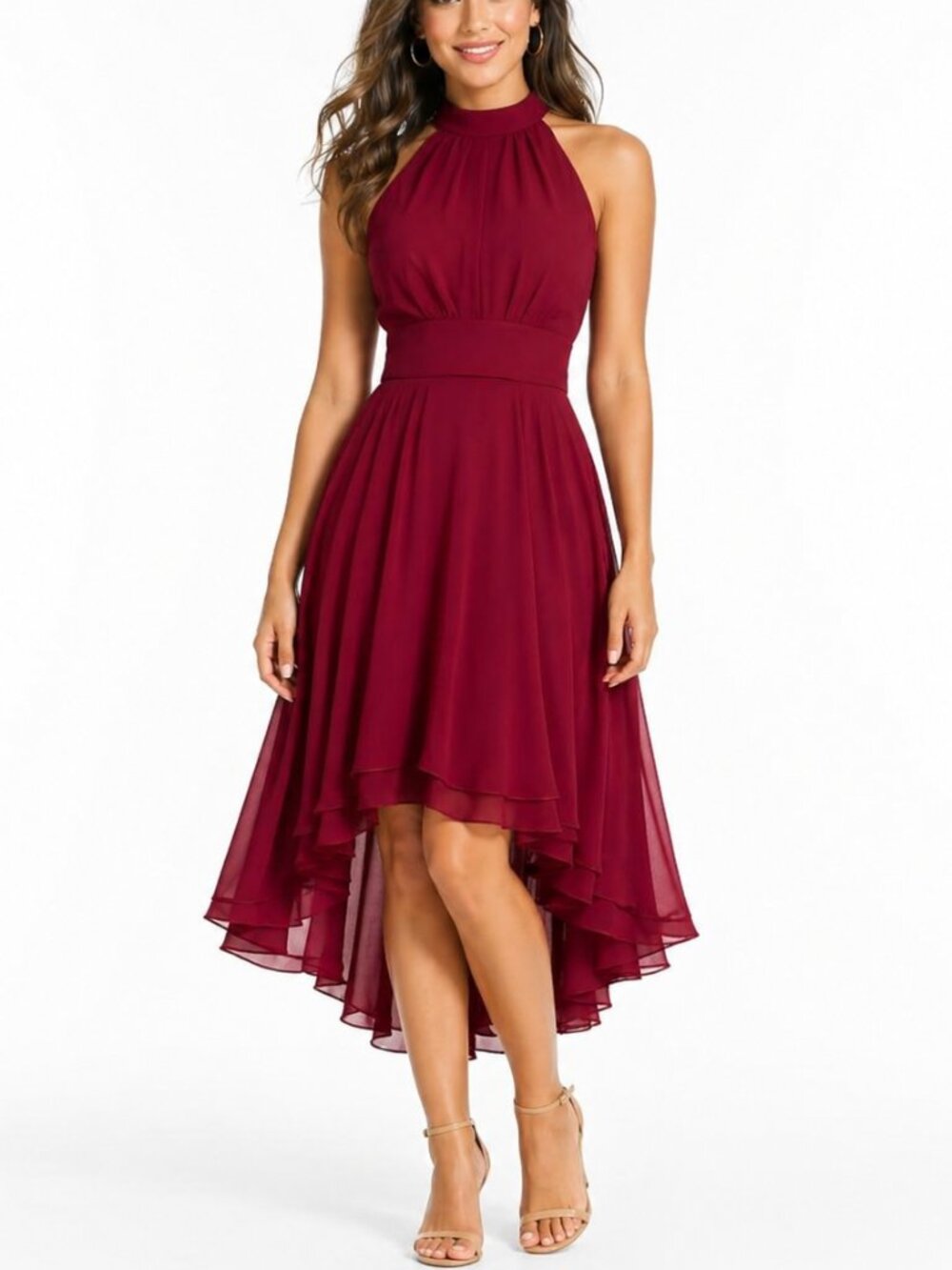 iEFiEL Wine Red Halter High-Low Chiffon Dress Romantic Goth Formal Evening Gown
